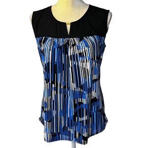 Ellen Tracy Women's Sleeveless Top Size Small Black Blue Abstract Print Blouse